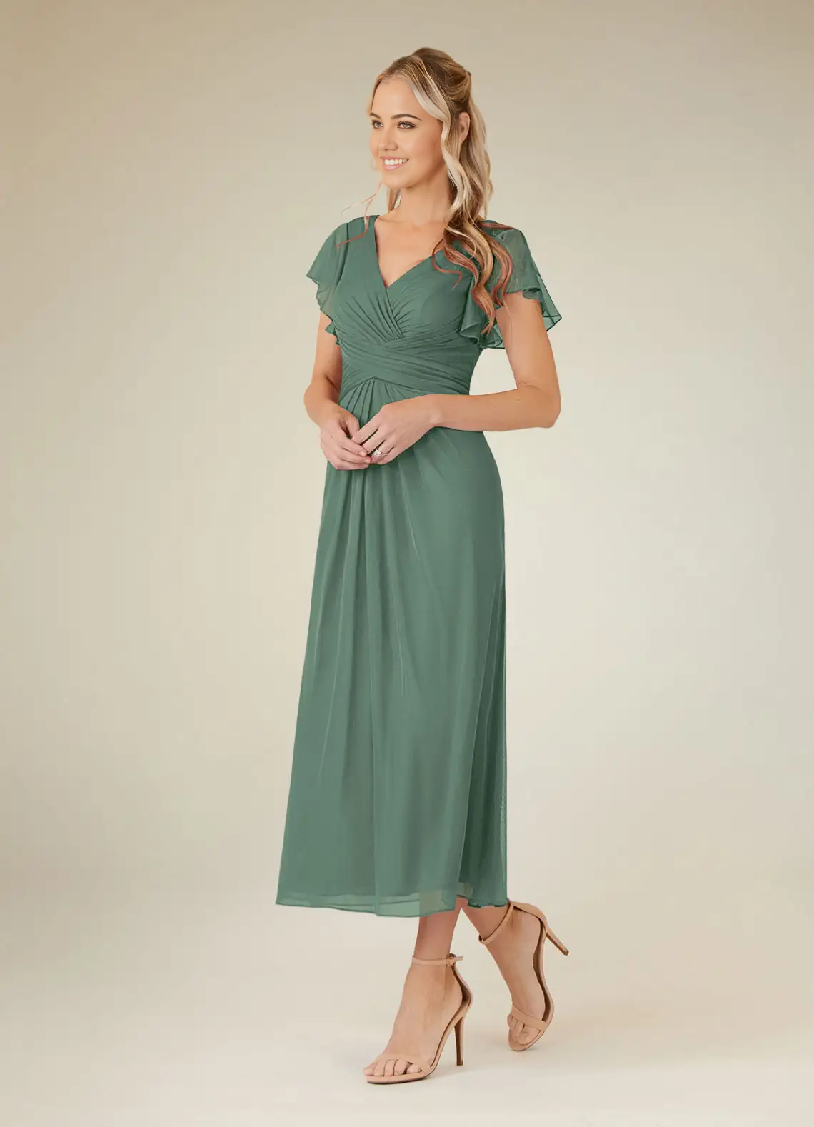 A-Line V-Neck Pleated Tea Length Mother of the Bride Dresses