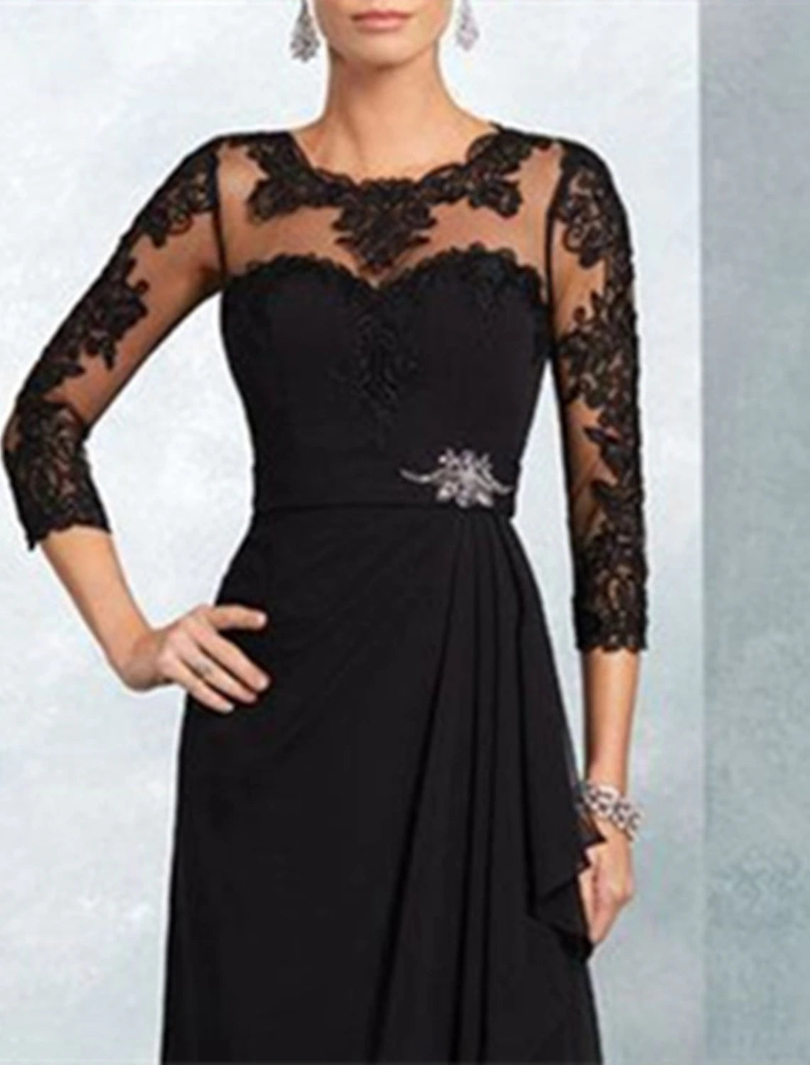 A-Line Mother of the Bride Dress Wedding Guest Elegant Jewel Neck Floor Length Chiffon Lace 3/4 Length Sleeve with Sash / Ribbon Appliques