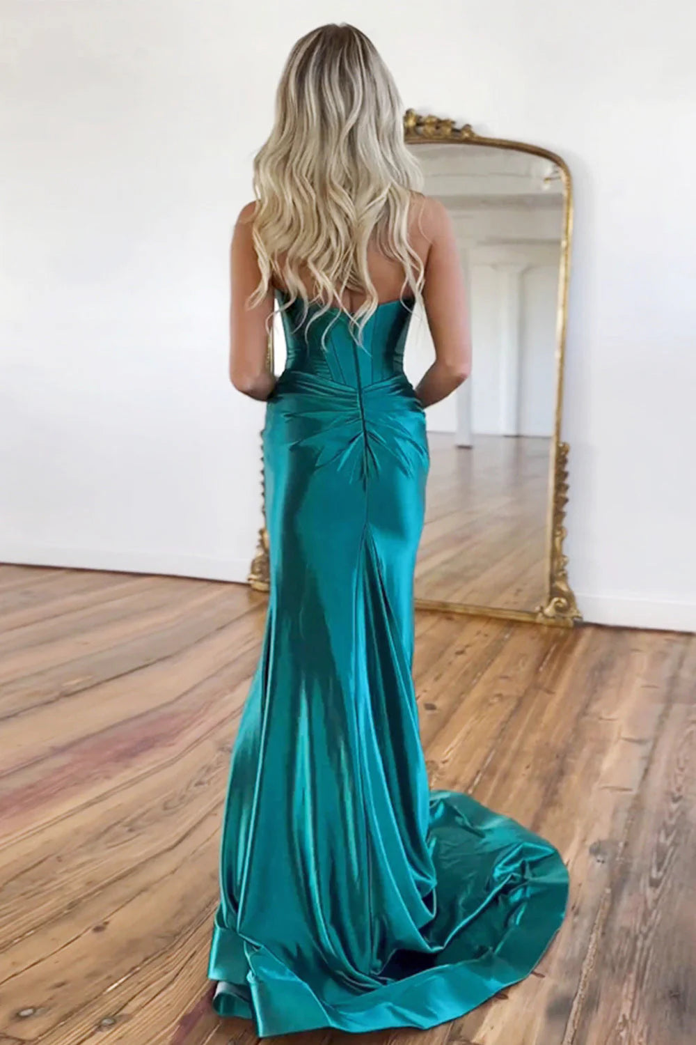 Mermaid Sweetheart Green Gorgeous Satin Prom Dress With Split