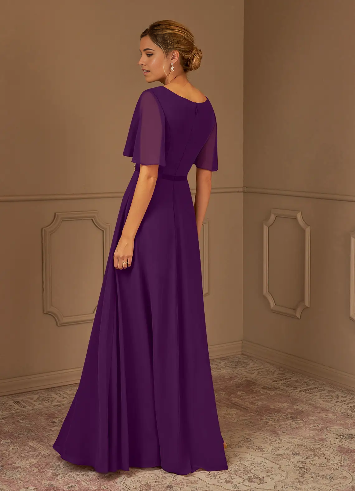 A-Line V-Neck Pleated Chiffon Grape formal dresses evening dress Mother of the Bride Dresses