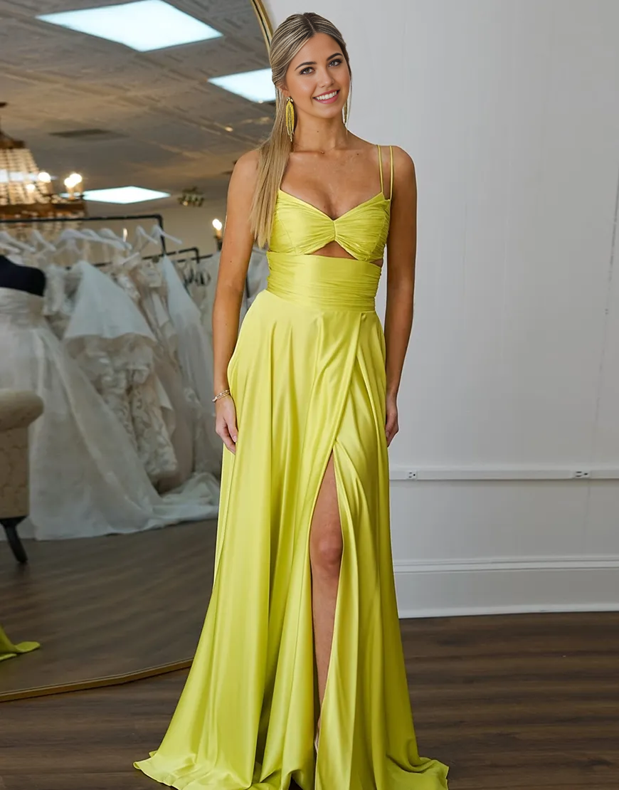 A-Line Double Spaghetti Straps Hollow Out Yellow Long formal dresses evening gown Prom Dress with Slit