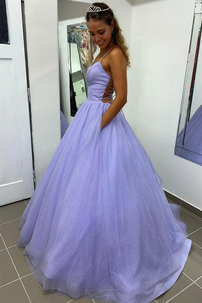 A Line V Neck Tulle Shiny Lavender Prom Formal Dress With Pocket