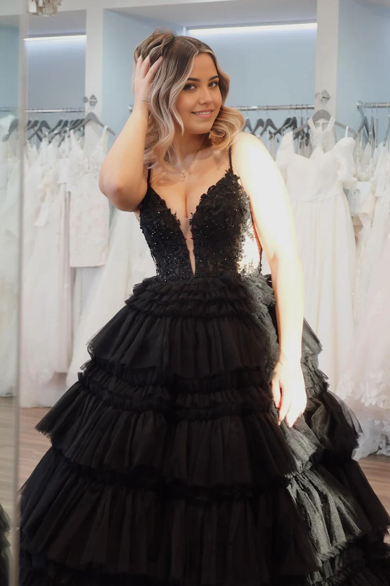 A-line Princess V Neck Black Tiered Tulle Long Prom Dresses