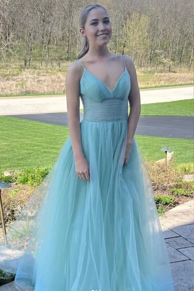 A Line Spaghetti Straps Long Tulle Prom Dress