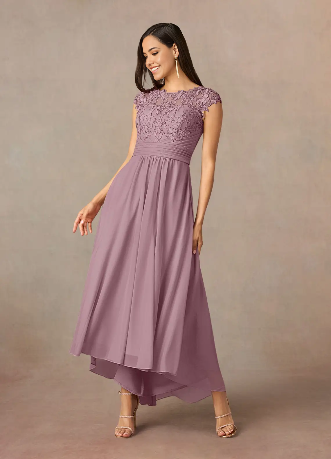 A-Line Crew Neck Lace Dusty Rose formal dresses evening dress Mother of the Bride Dresses