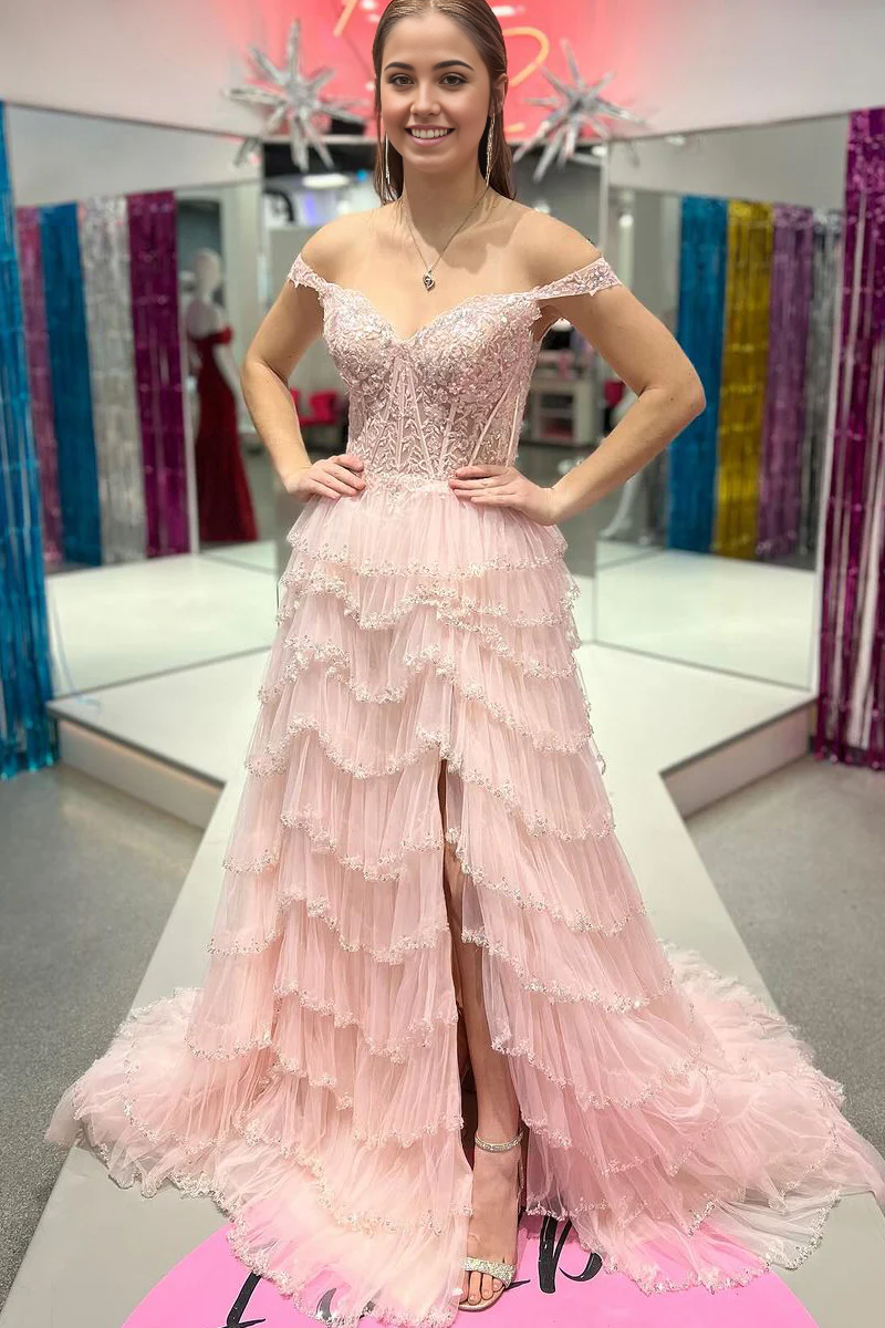 A Line Sweetheart Cute Light Pink Tulle Tiered Long Prom Dresses with Beading