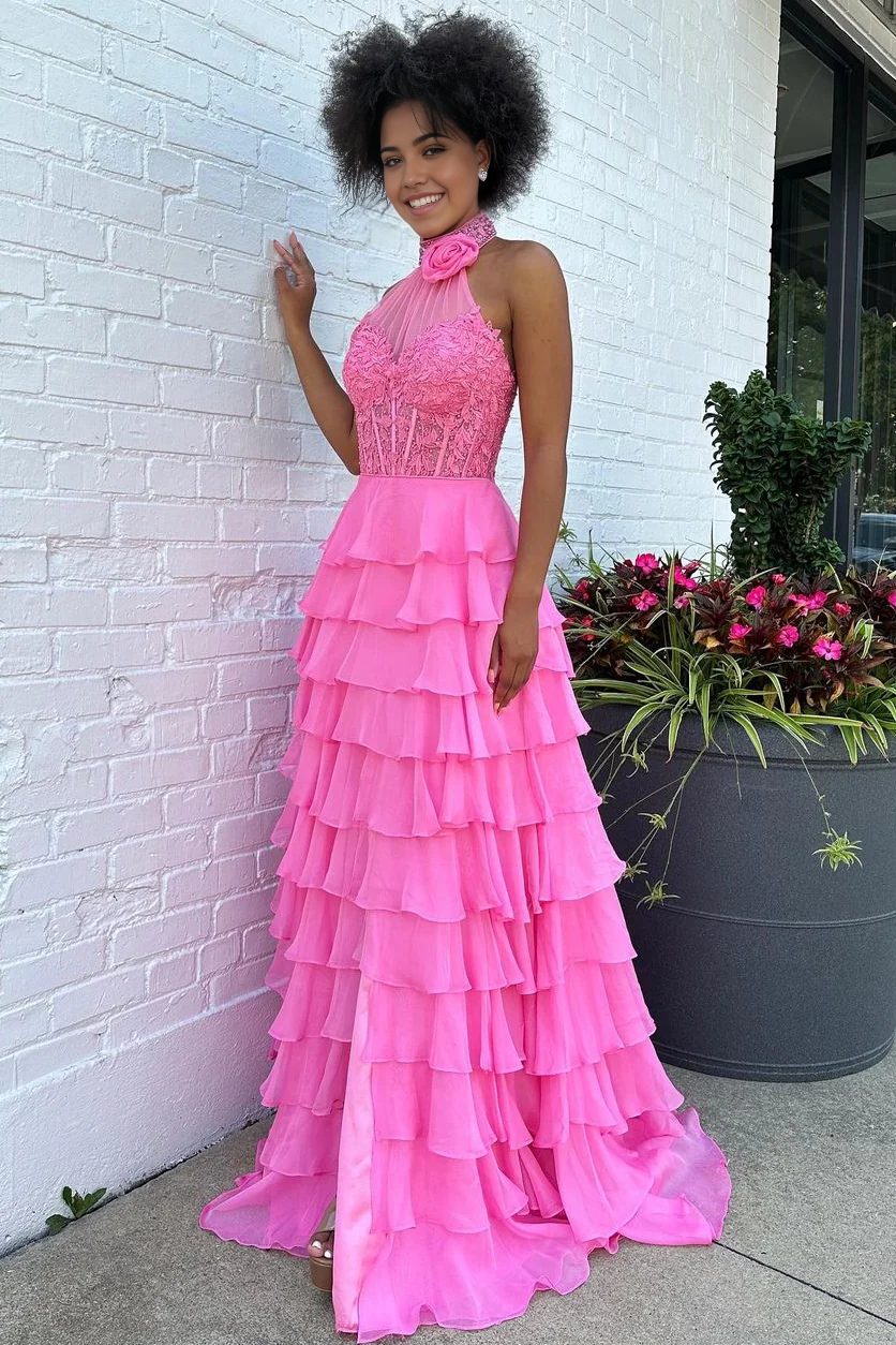 A-Line Halter Neck Lace Top Long Tiered Chiffon Pink evening gown Prom Dress