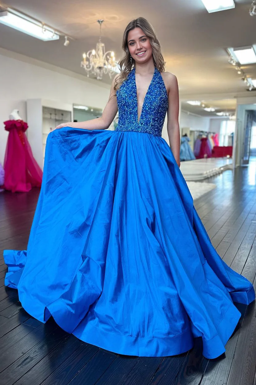 A-Line Deep V-Neck Goegeous Blue Long Satin evening gown Prom Dress with Sequin