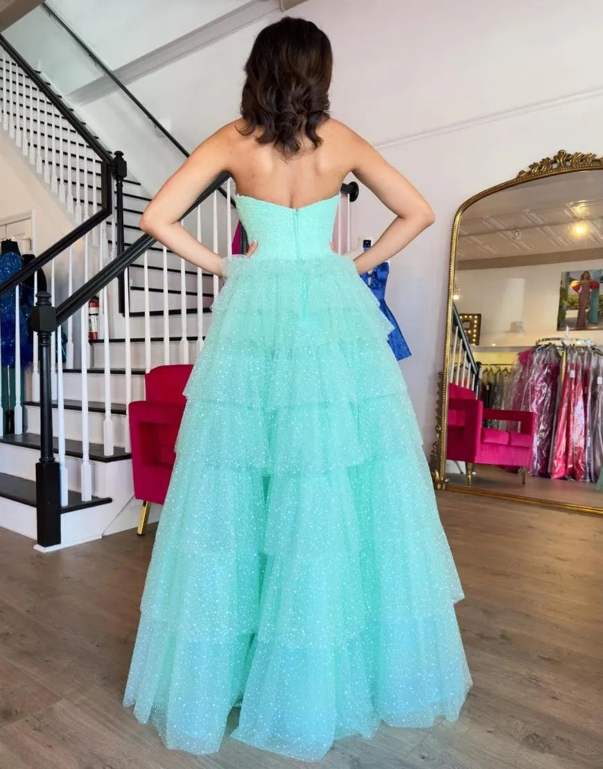 A-Line Strapless Ruffles Tulle Sky Blue Long formal dresses evening gown Prom Dress with Slit
