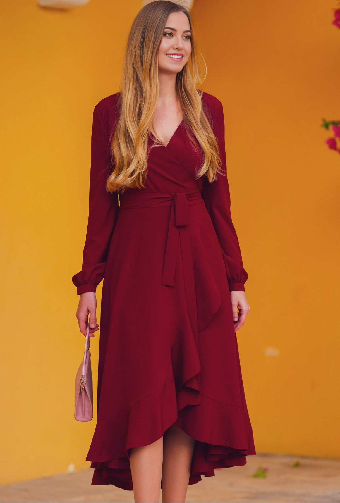 A-line V-Neck Tea Length Long Sleeve Cocktail Dress Bridesmaid Dress Formal Dresses for Wedding Guest Mother of the Bride Dresses