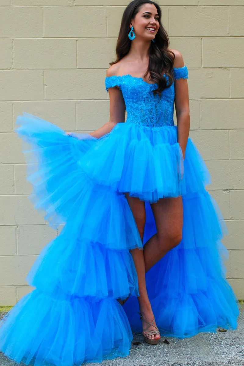 A-line Stunning Off the Shoulder Blue Tulle High Low Long Prom Dresses