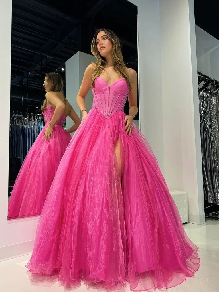 Strapless Tulle Long Prom Dresses with High Slit Formal Evening Graduation Dresses