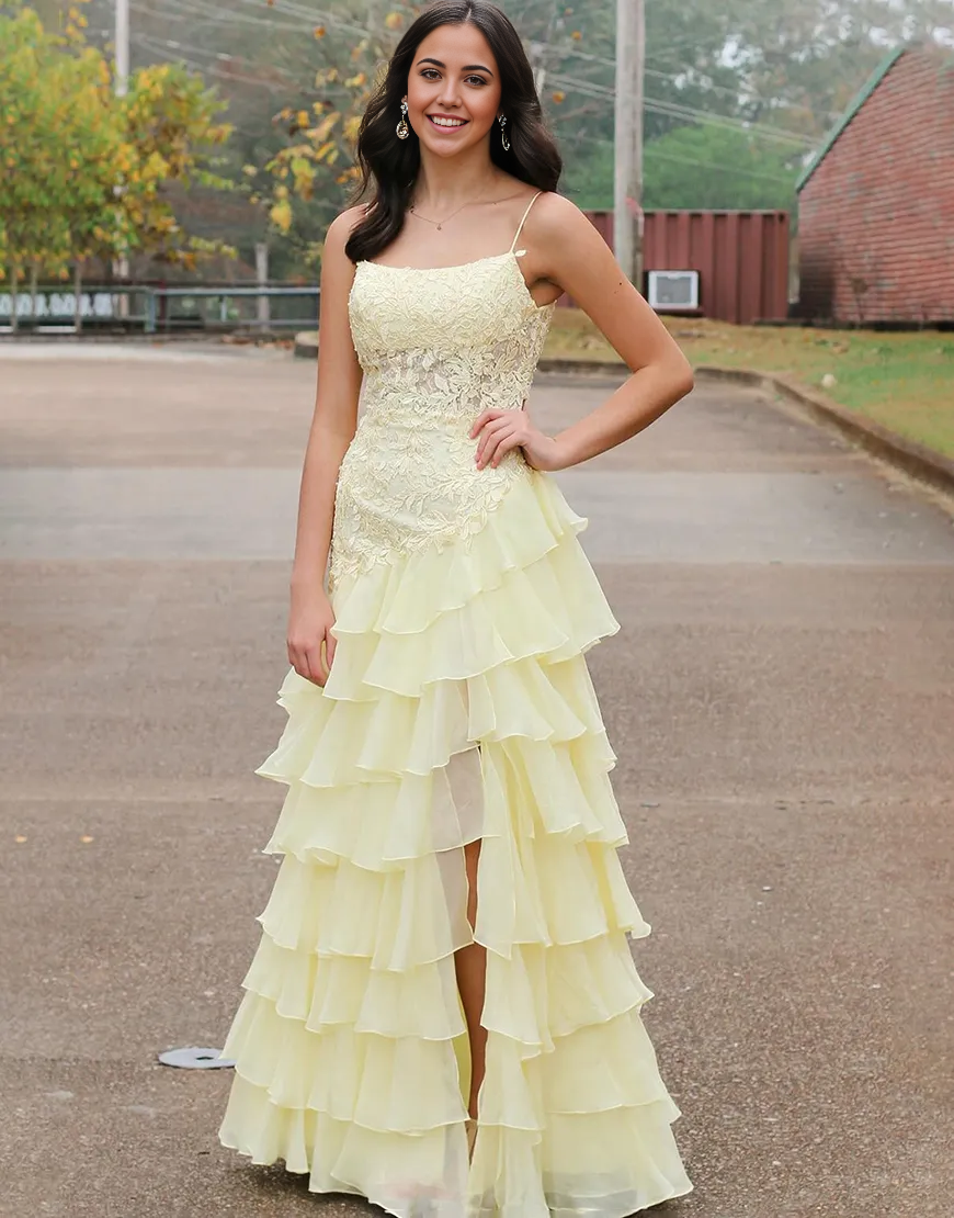 Sheath Sparkly Spaghetti Straps Appliques Ruffles Yellow Long formal dresses evening gown Prom Dress with Slit
