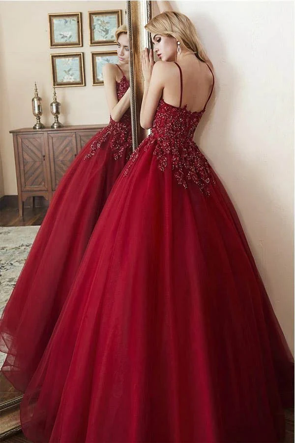 A-line Elegant Tulle Straps Ball Gown Beaded Long Prom Dress
