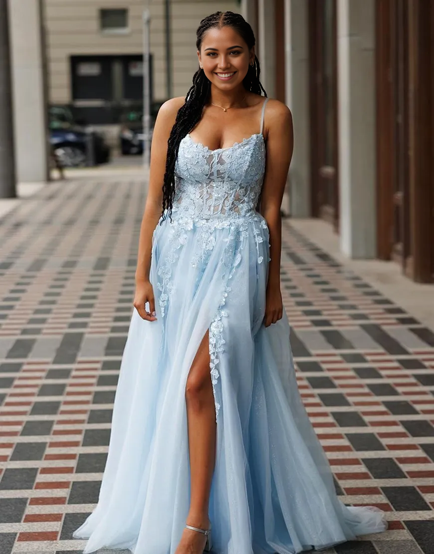 A-Line Sparkly Spaghetti Straps Corset Appliques Light Blue formal dresses evening gown Prom Dress with Slit
