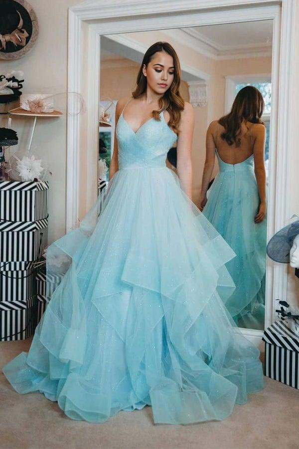 Sparkly Straps Ruffles Blue Long Prom Dresses Evening Dress with Open Back