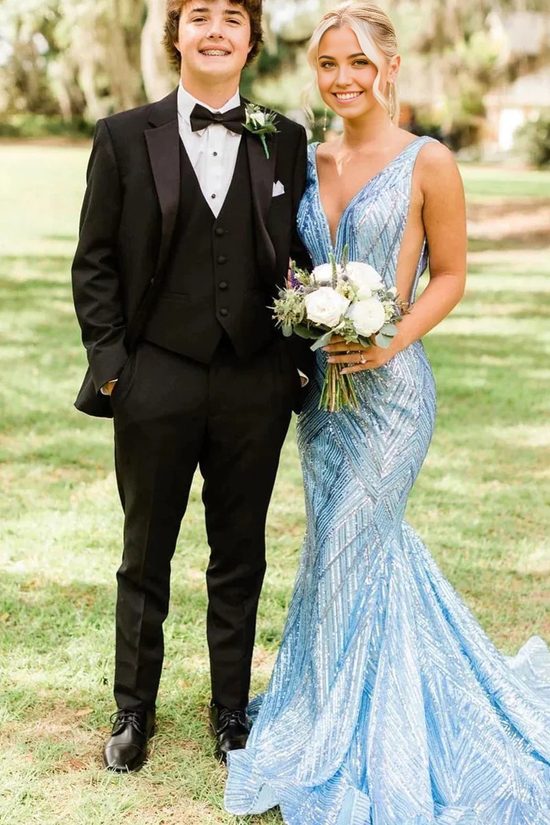 Mermaid V Neck Charming Blue Sequins Long Prom Dress