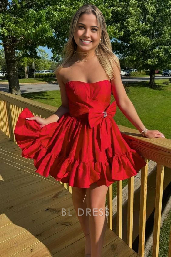 A-Linie Trägerloses Homecoming-Kleid mit Schleife Abendkleider Brautjungfernkleider Abendkleid Ballkleid