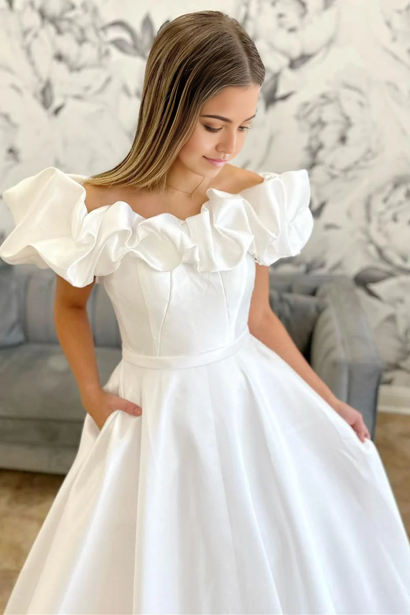 A-line Off-the-Shoulder Ruffle Long Bridal Gown Wedding Dresses