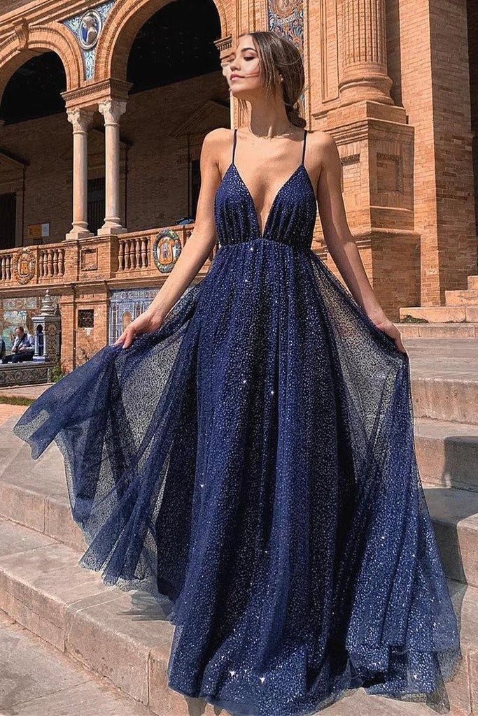 Sparkle Backless Plunging Neckline Sequin Long Prom Evening Dress
