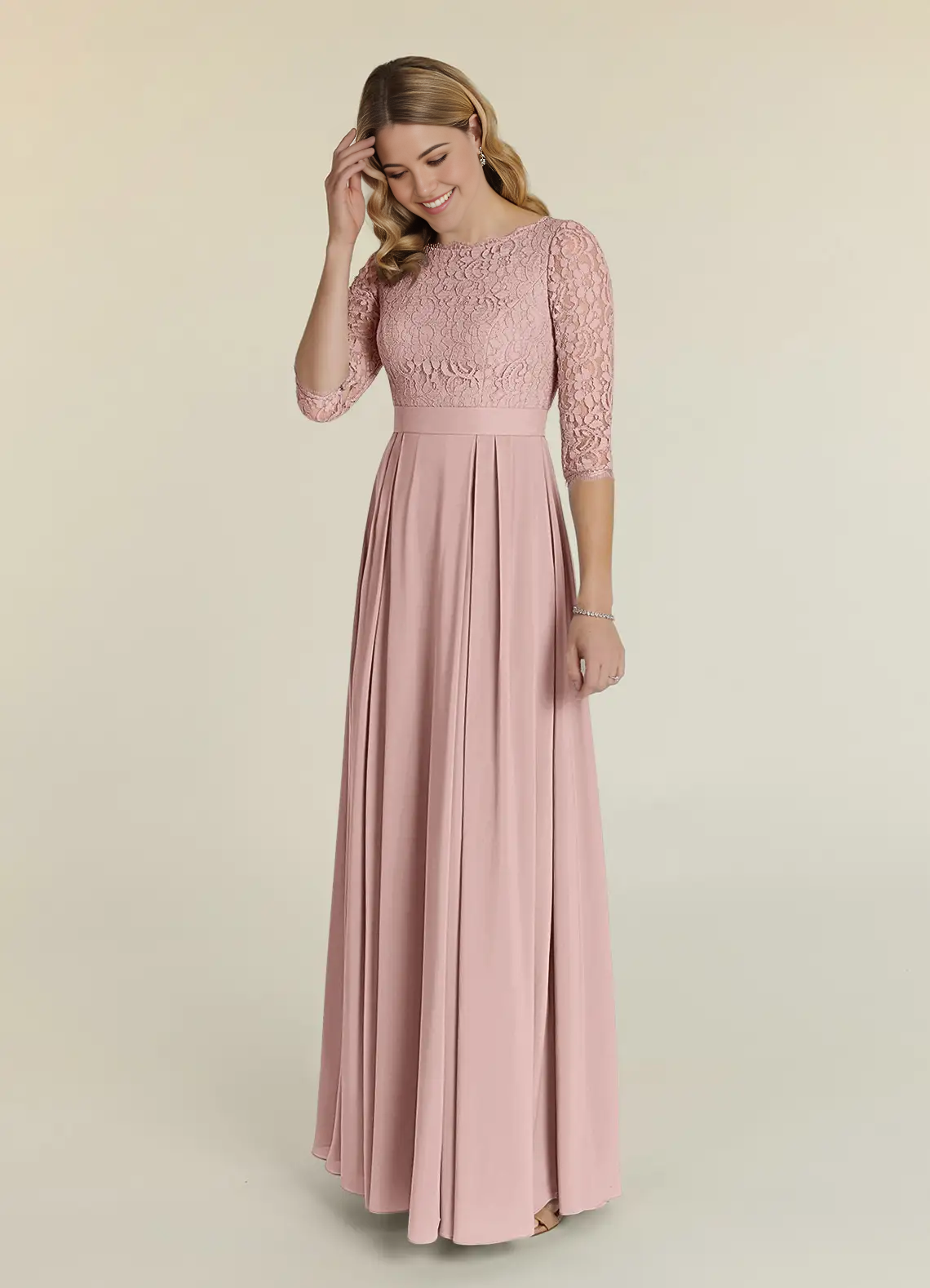 A-Line Crew Neck Lace Dusty Rose formal dresses evening dress Mother of the Bride Dresses