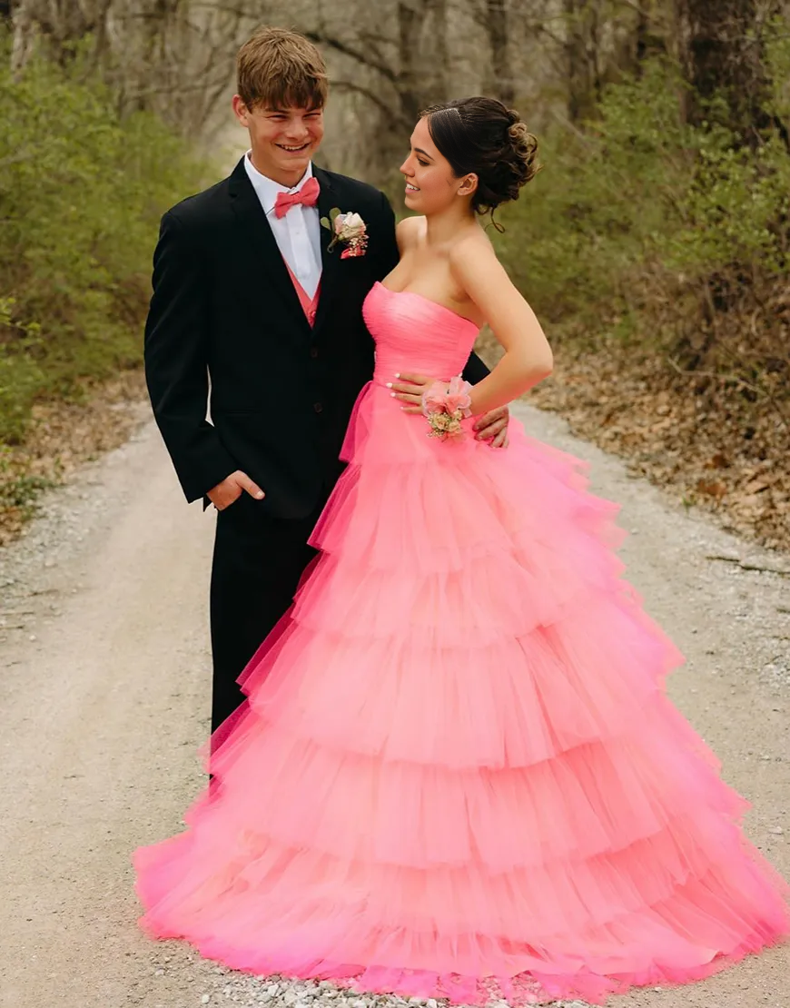 A-Line Strapless Ruffles Tulle Light Pink Long formal dresses evening gown Prom Dress