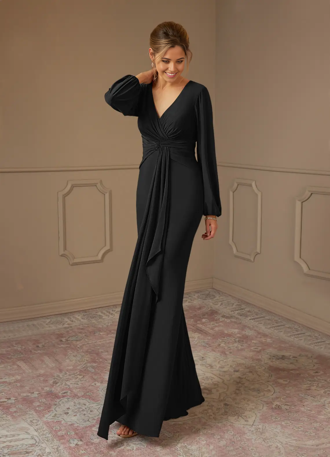 Sheath Pleated Long Sleeve Black formal dresses evening dress Mother of the Bride Dresses