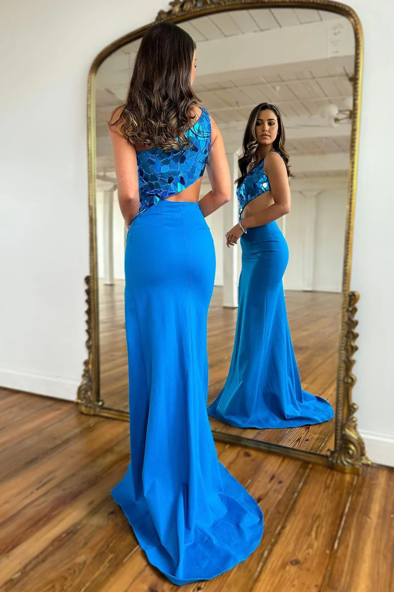 Mermaid One Shoulder Blue Long Prom Dresses Evening Dresses with Beaded