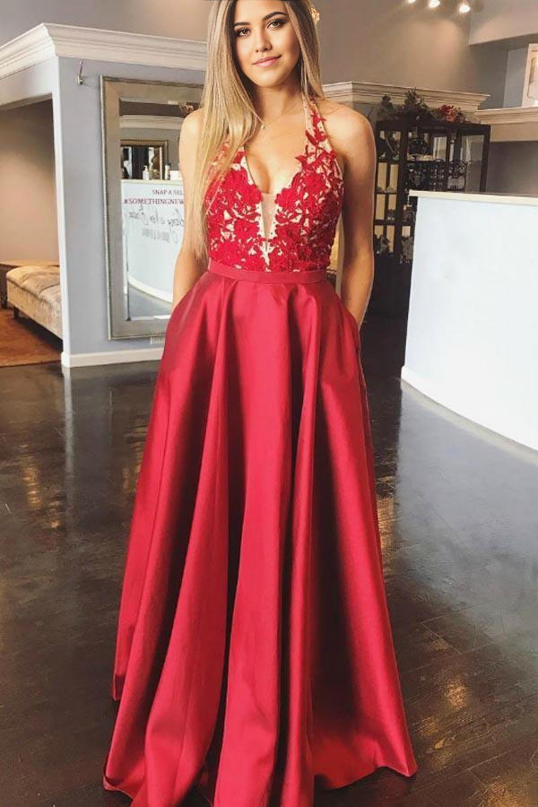 A-Line V-neck Appliques Backless Red Satin Long Prom Dress With Pocket