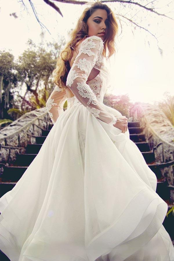 A-line Glamorous V Neck Long Sleeves Lace Organza Wedding Dresses
