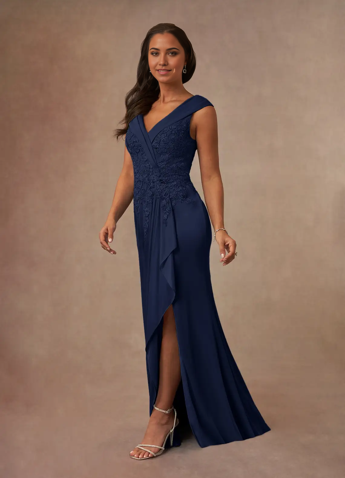 A-Line V-Neck Lace Dark Navy Mother of the Bride Dresses