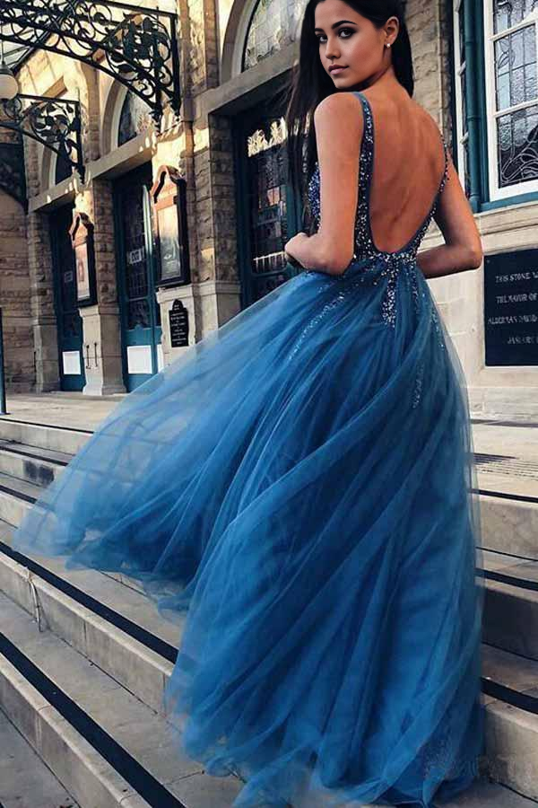 A-Line V-Neck Appliques Tulle Backless Prom Dress with Sequins