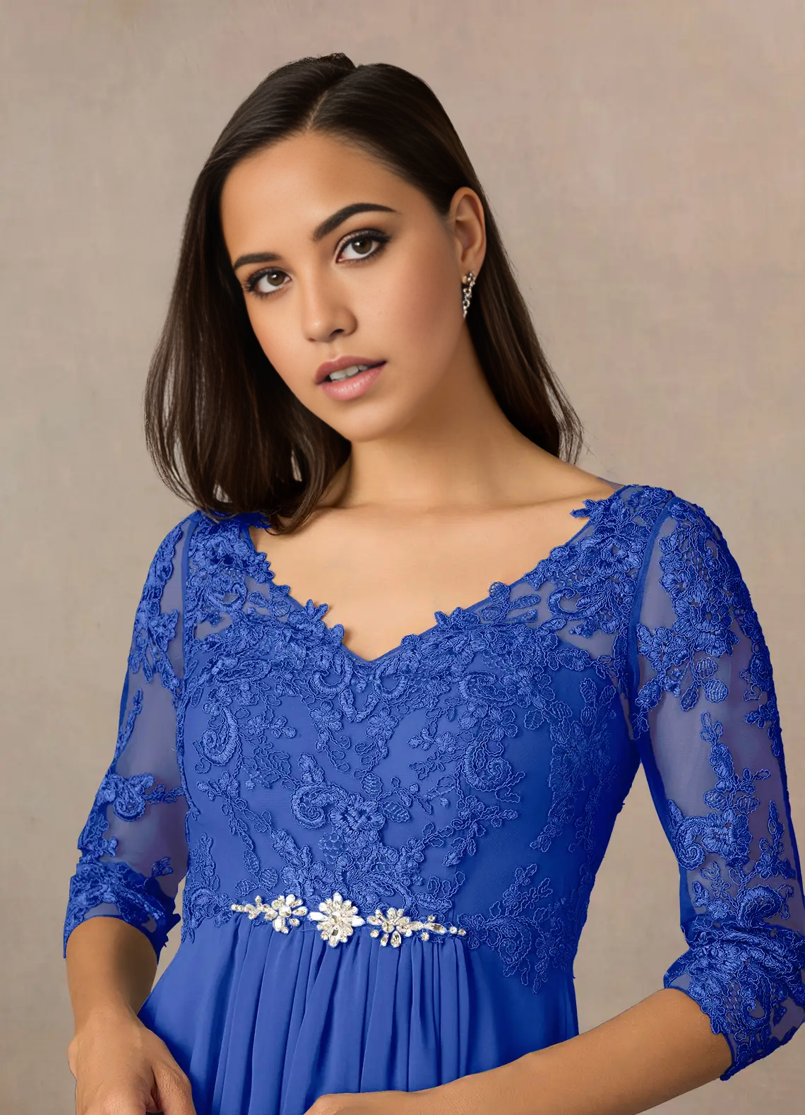A-Line V-Neck Lace Chiffon Royal Blue Mother of the Bride Dresses