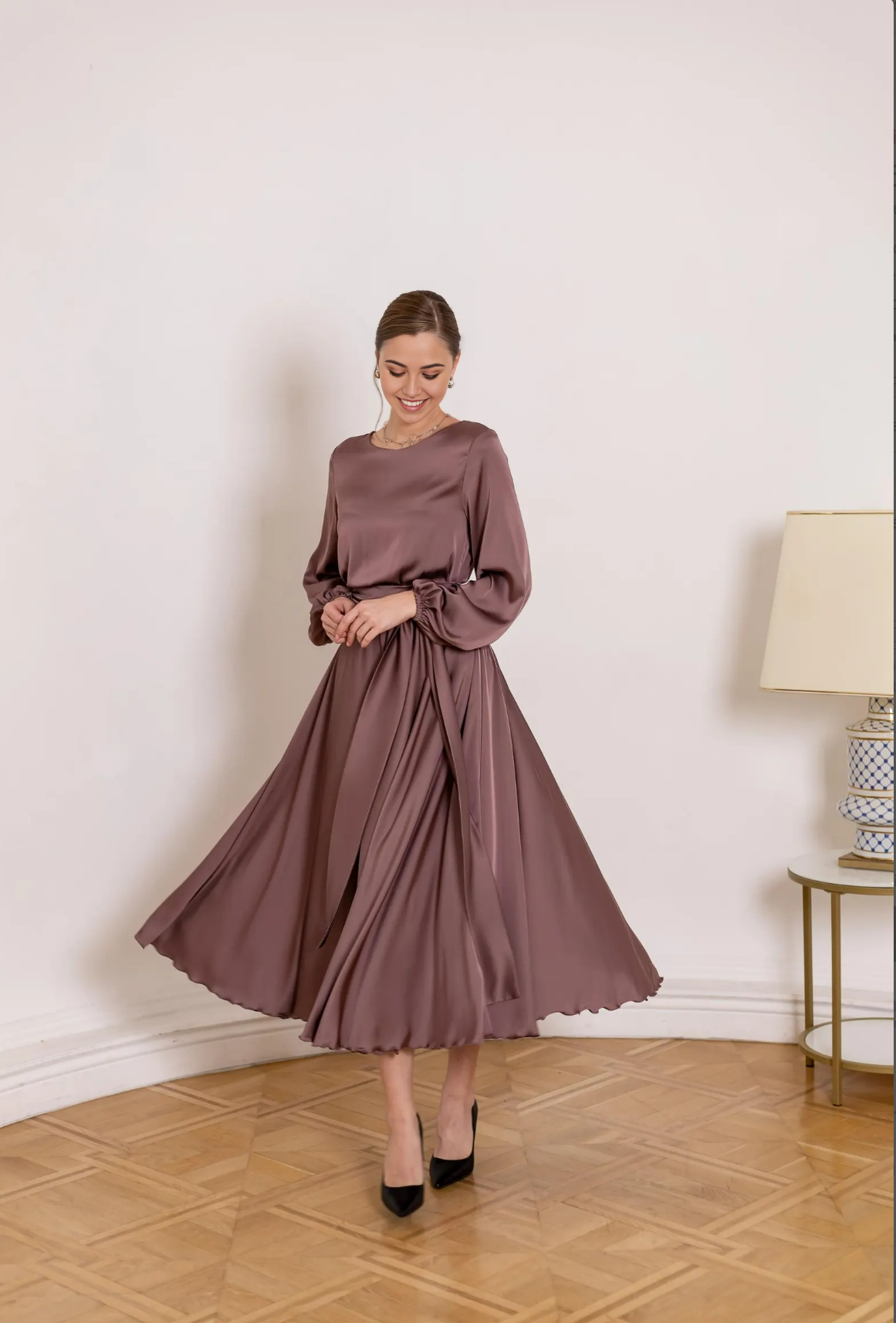 A-line Crew Neck Long Sleeve Tea Length Cocktail Dress Pink Bridesmaid Dress Formal Dresses for Wedding Guest Mother of the Bride Dresses