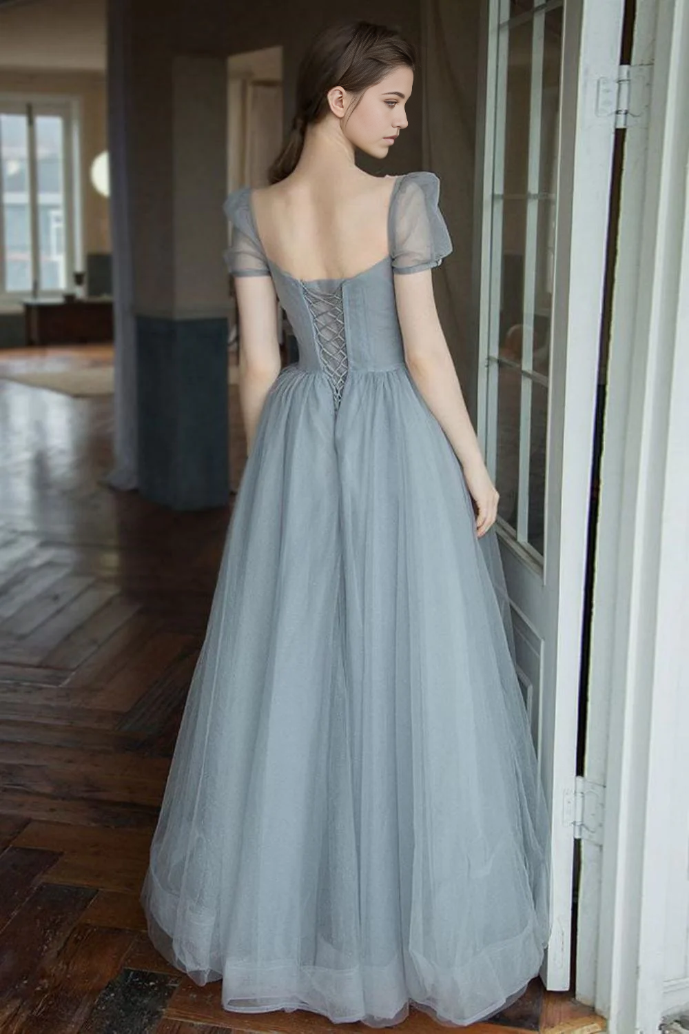 A Line Square Neck Grey Long evening gowns Prom Dress with Beading