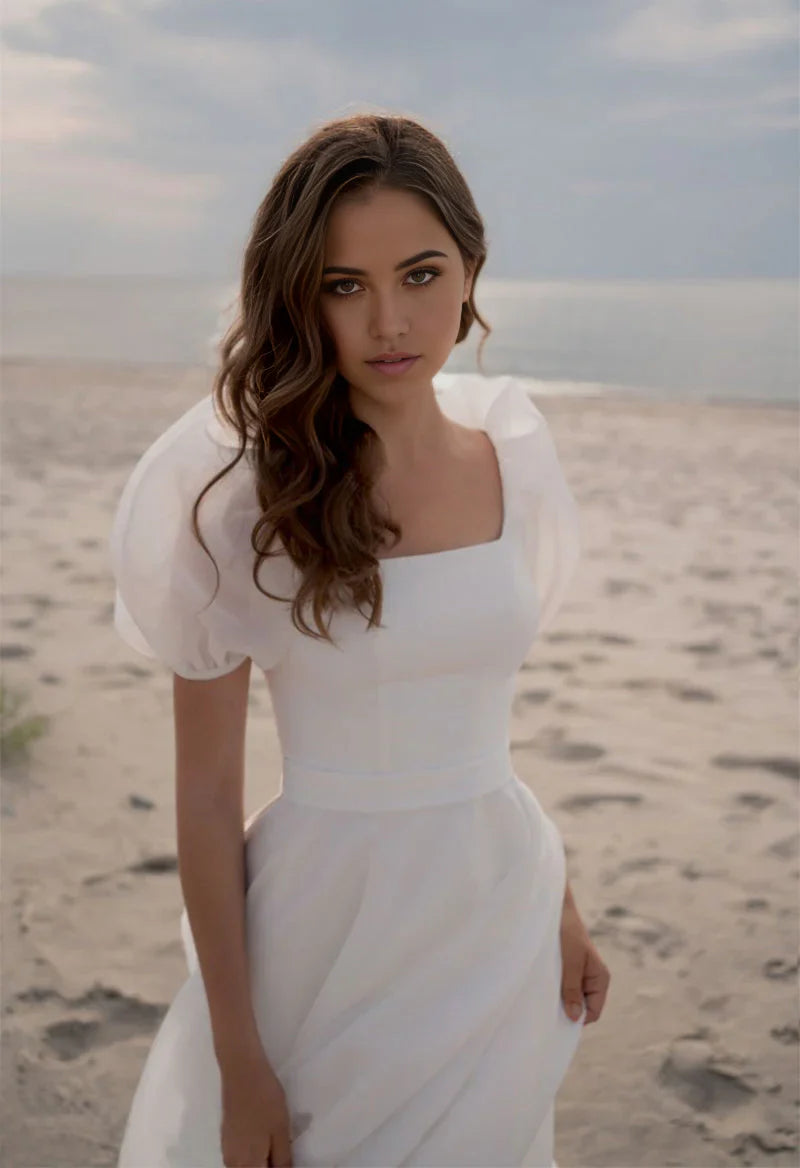 A-Line Square Neck Short Sleeves Wedding Dresses with Train