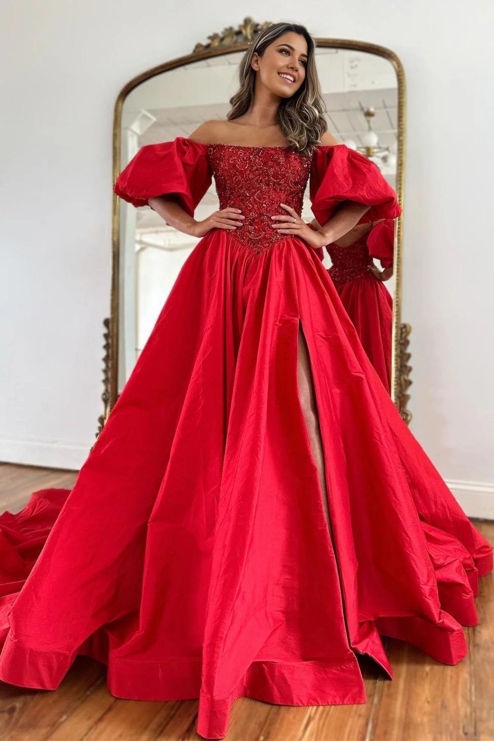 A-Line Off The Shoulder Court Train Satin Red Prom Dress With Split
