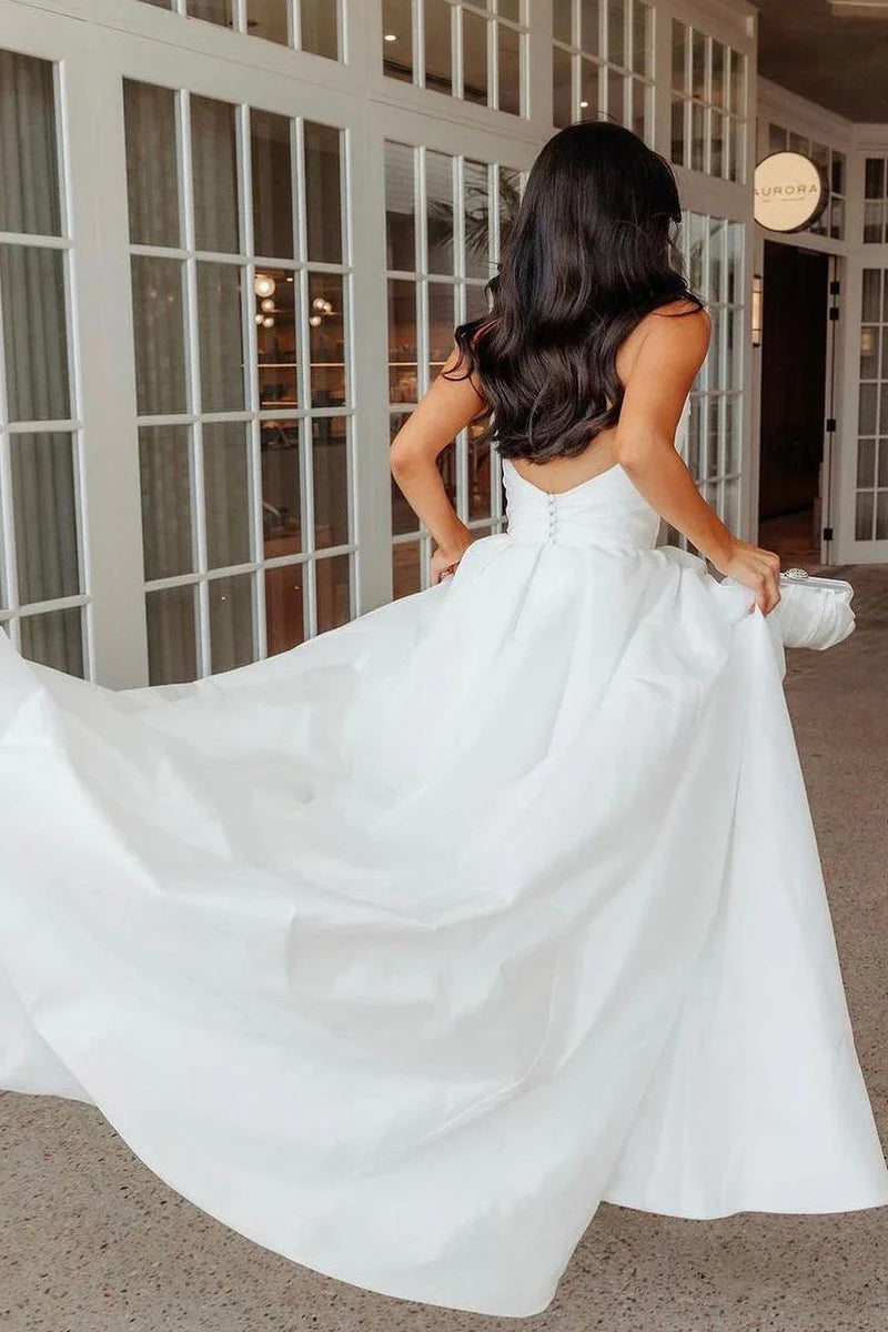 A-Line Strapless Satin Wedding Dresses with Slit