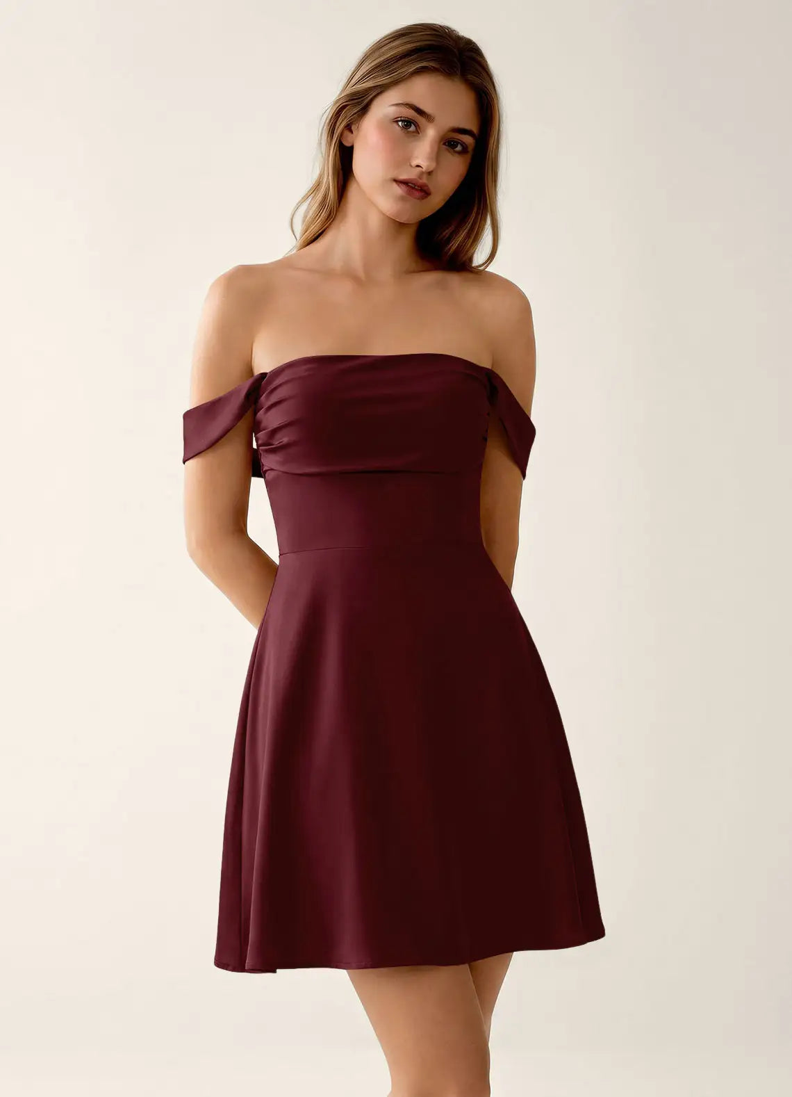 Elegant A-Line Off-Shoulder Ruched Lace-Up Burgundy Short Homecoming Dress Women's