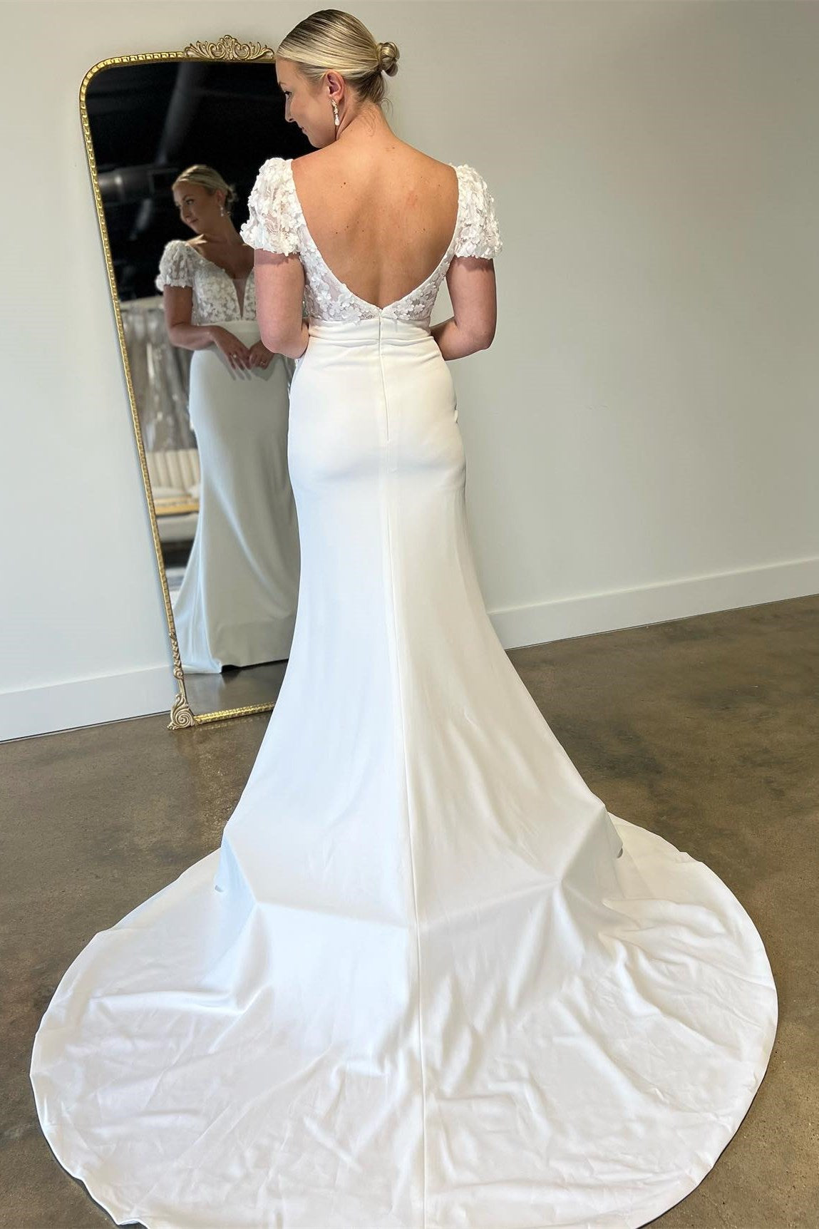 3D Floral Satin Mermaid Deep V Puff Sleeve Low V Back Train Wedding Dress