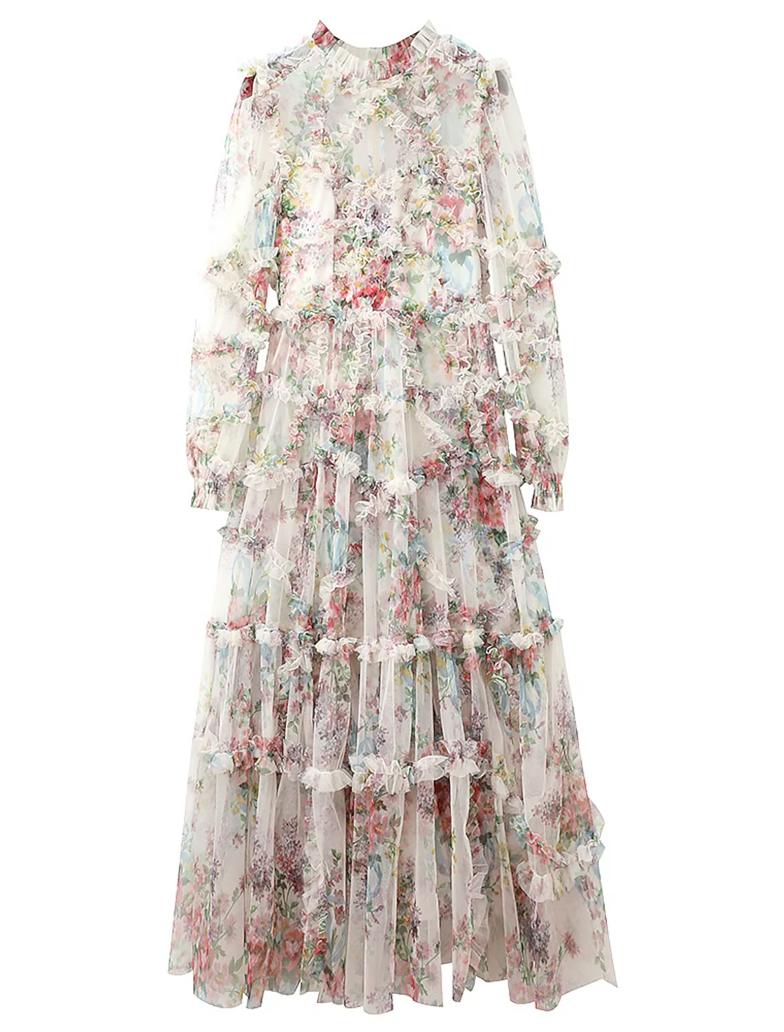 A-Line Prom Dresses Floral Dress Wedding Guest Ankle Length Long Sleeve Jewel Neck Polyester with Ruffles Pattern / Print