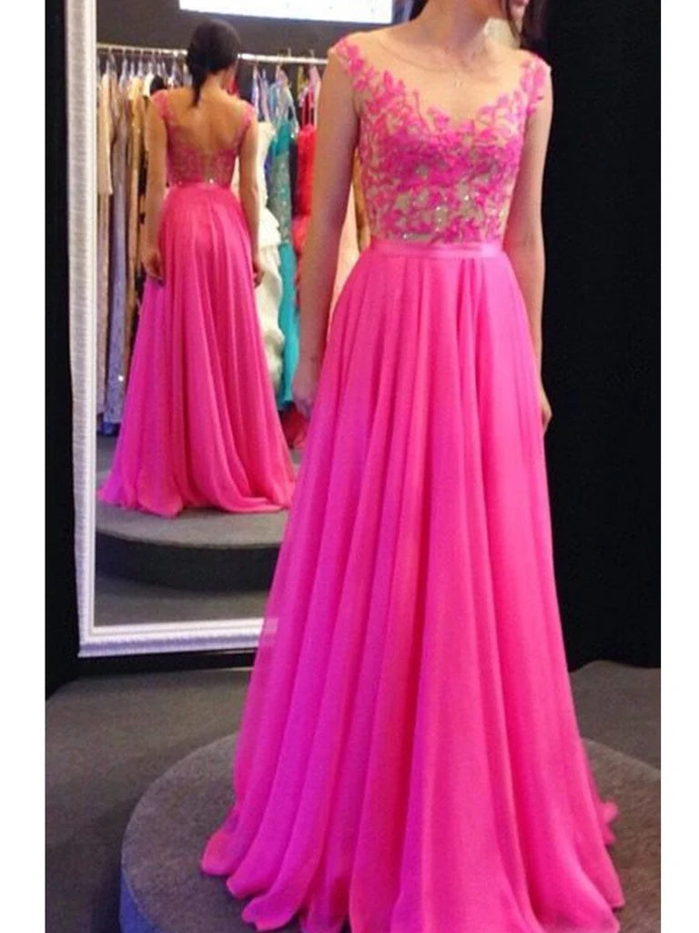 A Line Round Neck V Neck Back Lace Prom Dress Formal Dress