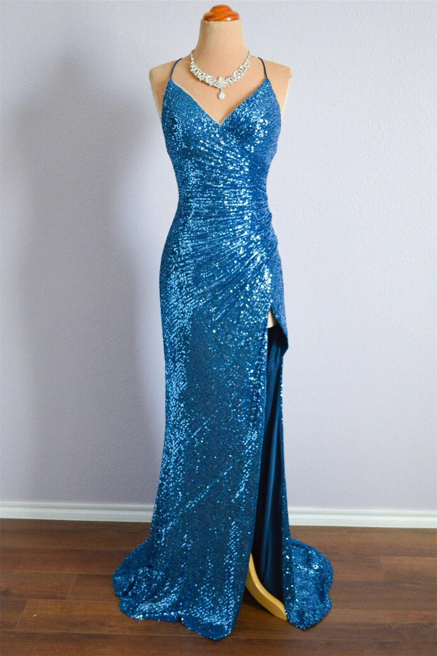 Mermaid Sequins Spaghetti Strap Cross Back Long Prom Dresses Formal Dress