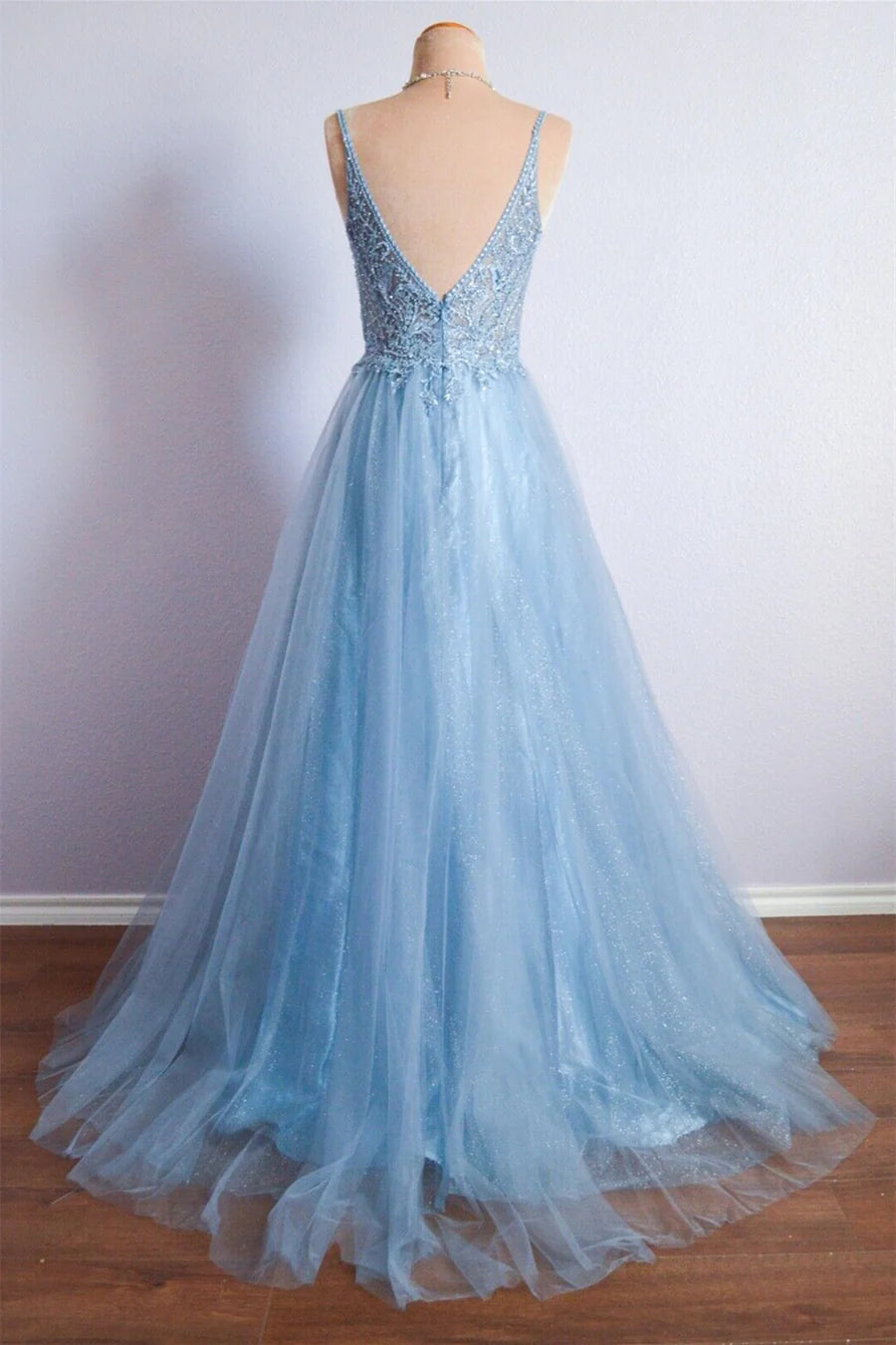 A-line V Neckline Spaghetti Strap Sheer Beaded Lace Long Prom Dresses Formal Dress