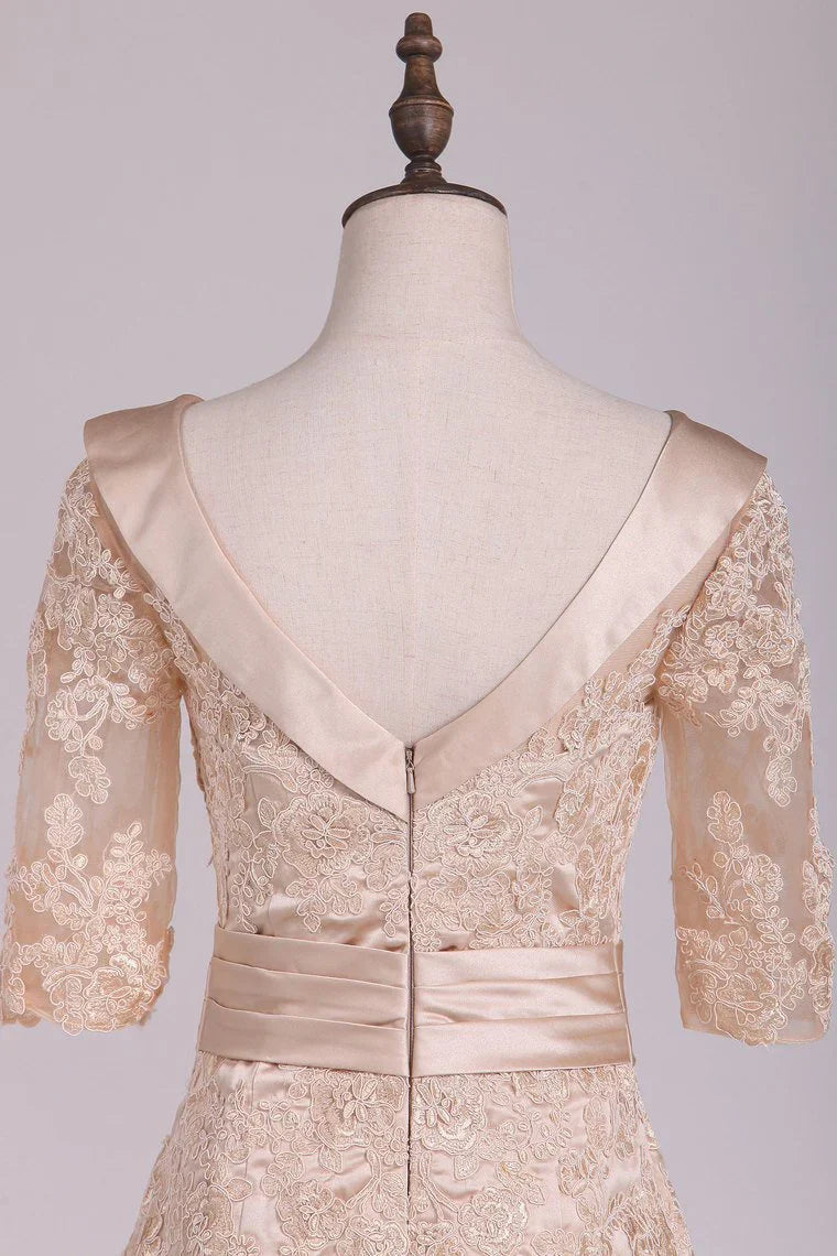 Sheath Cowl Neck Half Sleeve Satin Applique Mother Of The Bride Dresses