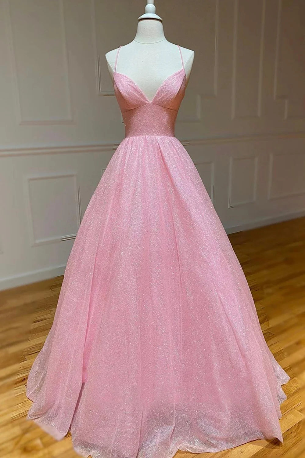 A-Line V Neck Tulle Long Backless Prom Dress
