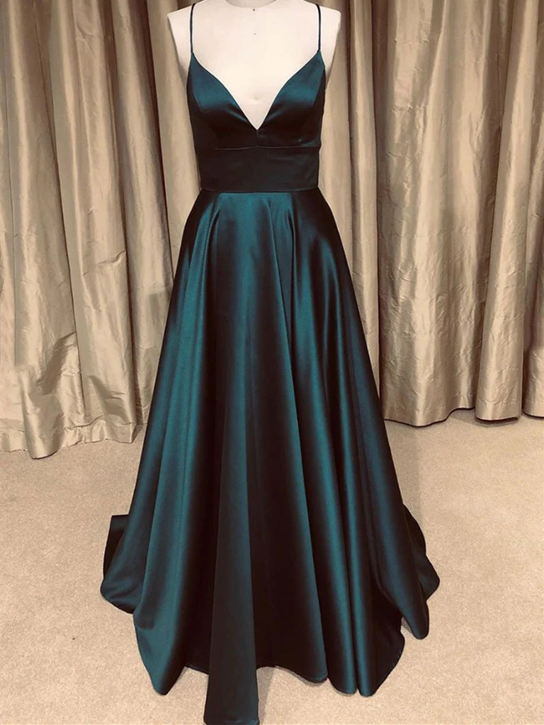 A-line V Neck Backless Long Prom Dresses Formal Graduation Evening Dresses