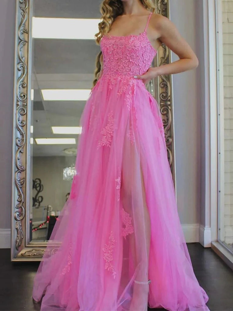 Spaghetti Straps Backless Lace Long Prom Dresses With Slit