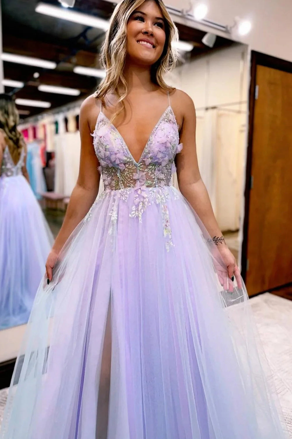 A-Line Tulle Prom Dress with Flowers