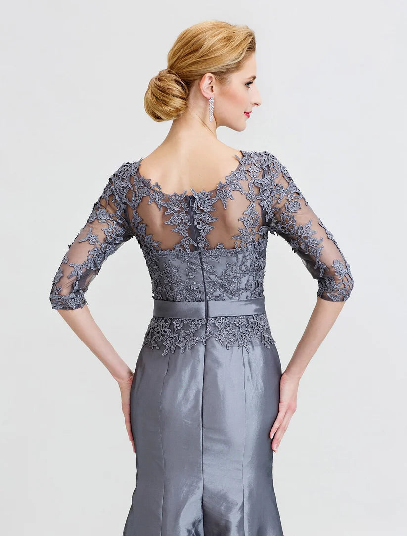 Mermaid / Trumpet Mother of the Bride Dress Beautiful Back See Through Illusion Detail Jewel Neck Floor Length Taffeta Corded Lace 3/4 Length Sleeve with Beading